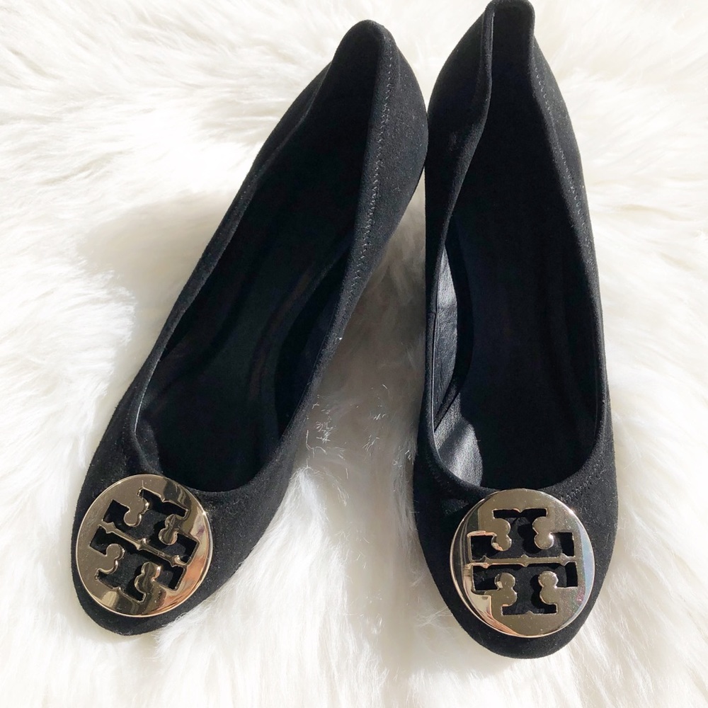 NEW Tory Burch Reva black leather wedge heels 5M - Picture 1 of 8